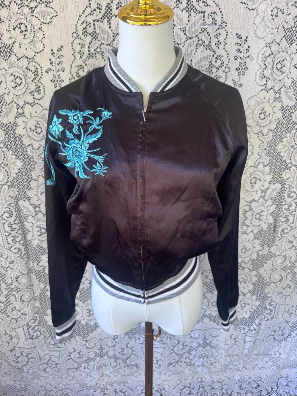 Rampage Black Satin Bomber Jacket with Teal Floral Embroidery